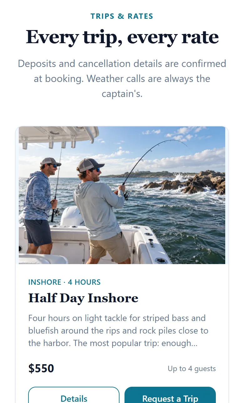 The same sample site on a phone: the Trips and Rates page with a Half Day Inshore trip at $550